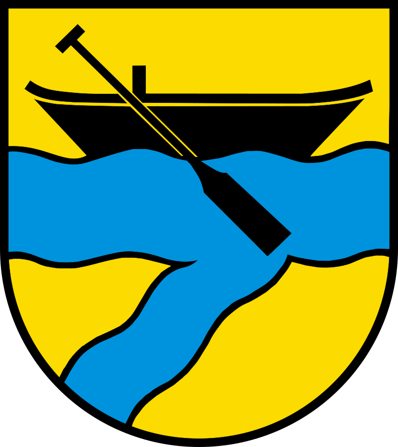 Wappen von Koblenz mit gelbem Hintergrund, schwarzem Boot und den zwei Flüssen, welche zusammenfliessen.